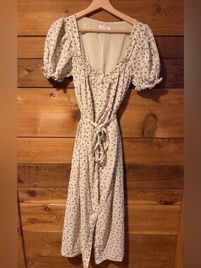 Neuflora Emerson Cream Maxi Dress with Purple Floral Print and Puff Sleeves